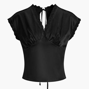 Commense Lace Trim Satin TOP in BLACK
